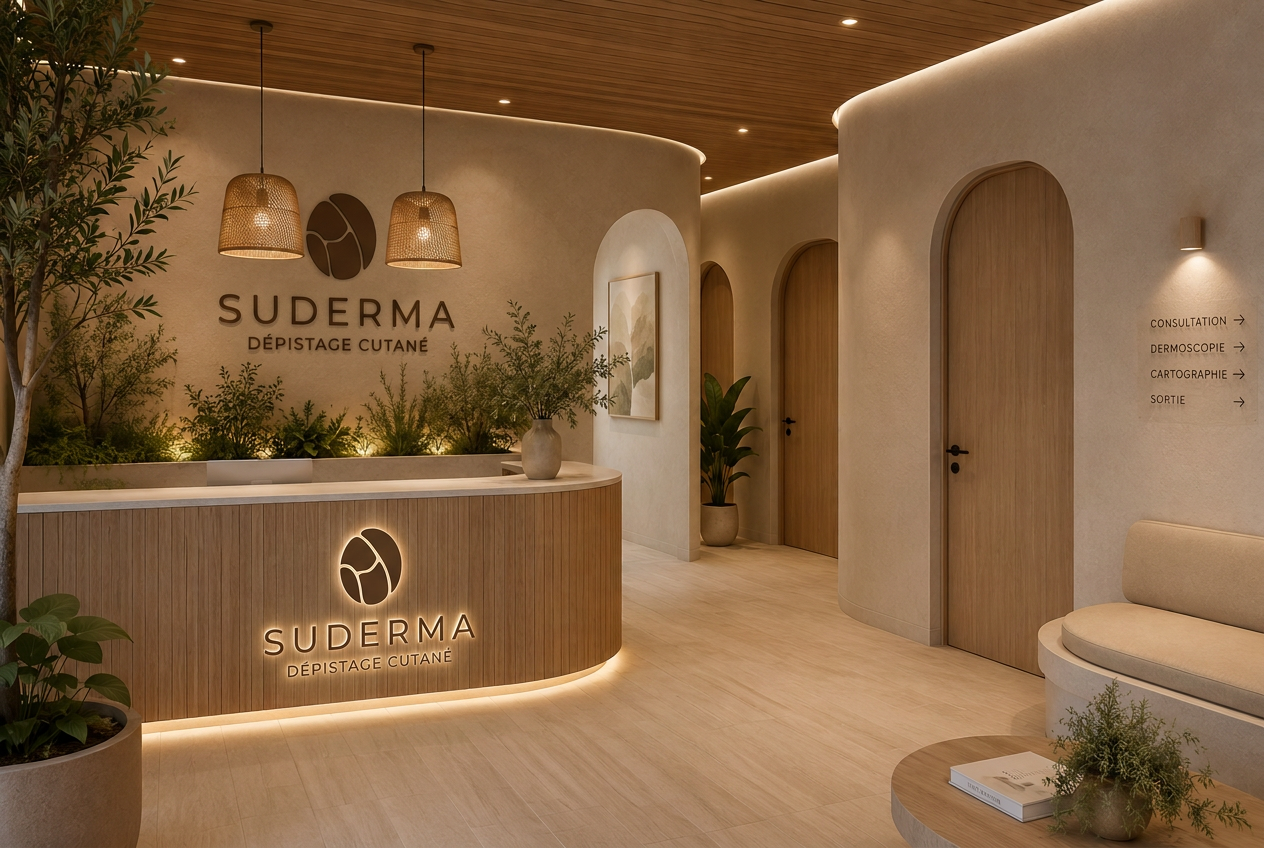 Accueil SUDERMA en lumière chaude, signalétique des salles de consultation
