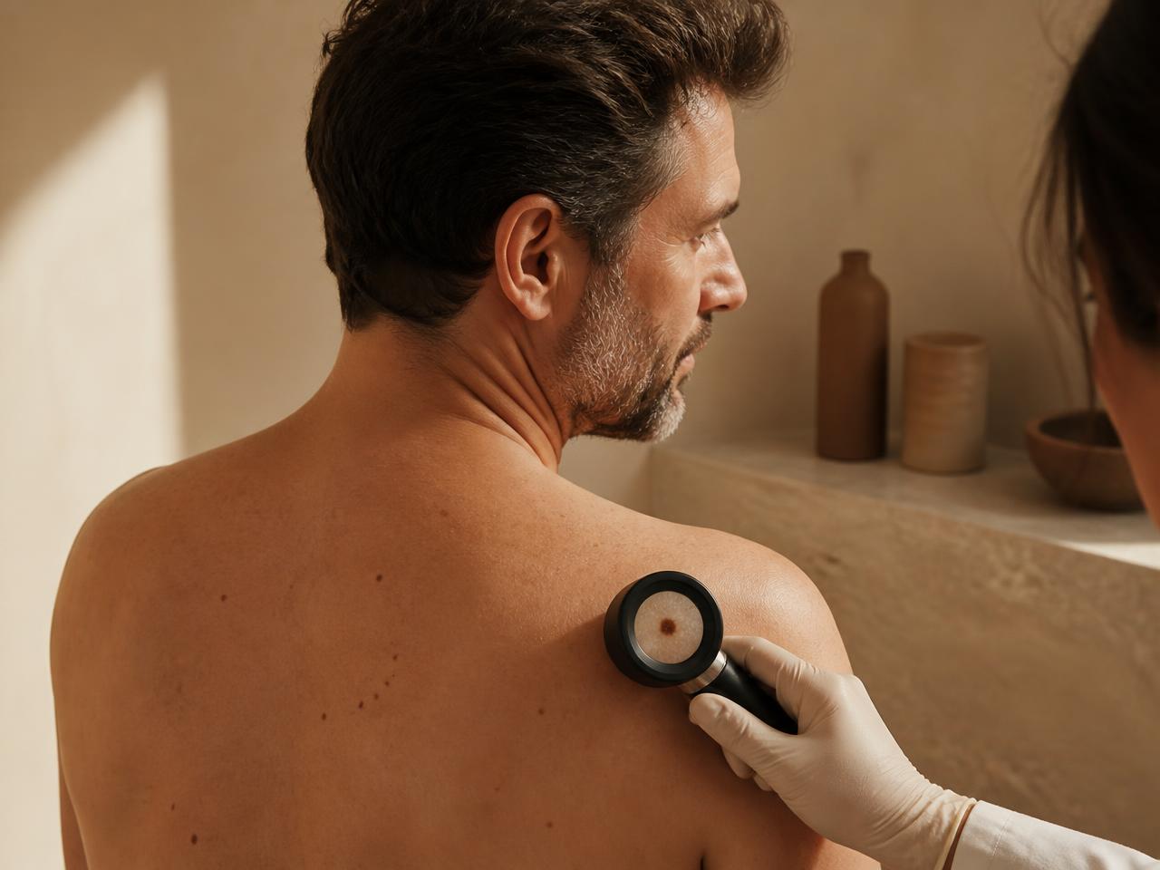 Dépistage cutané au dermoscope numérique sur l’épaule d’un patient